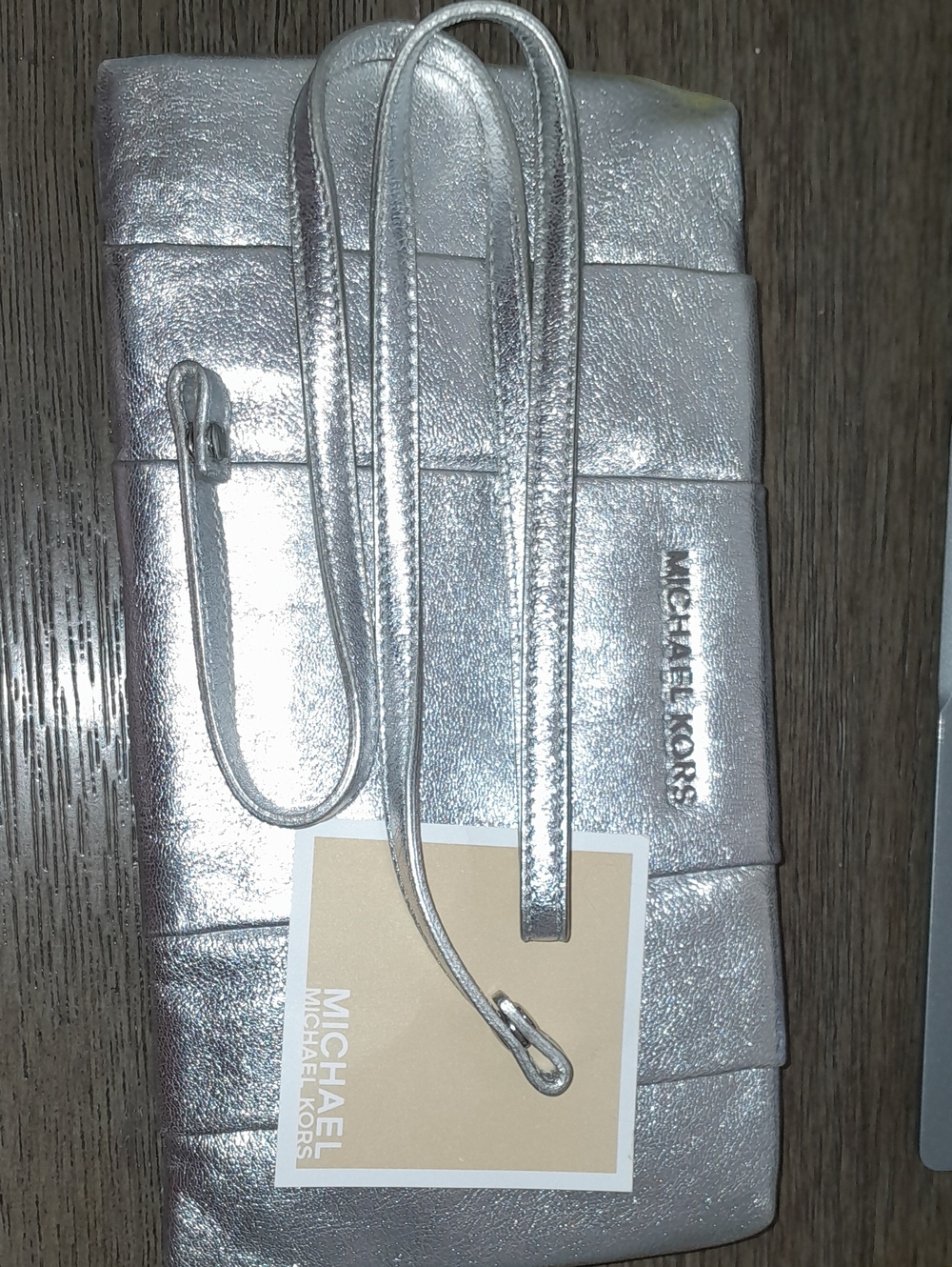 Michael Kors Metallic Silver Leather Fold-Over Clutch